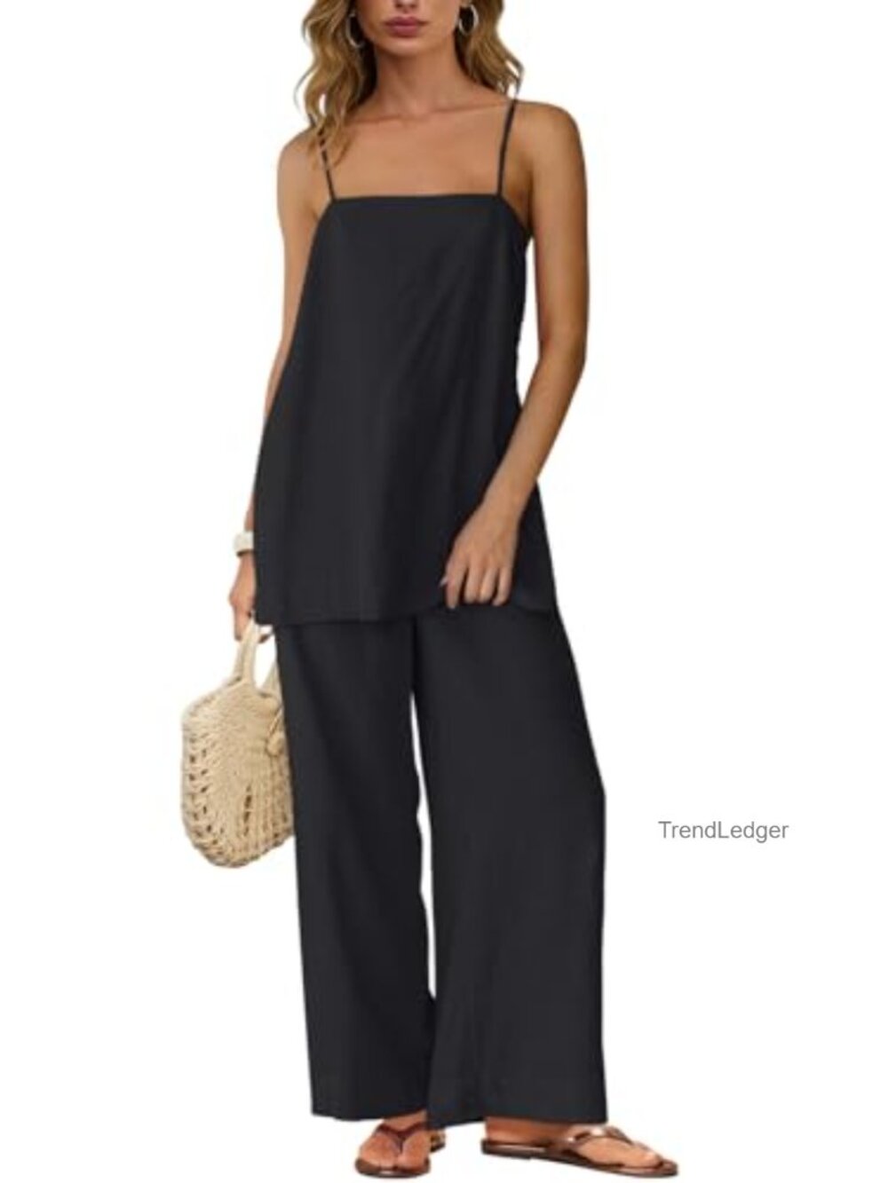 Women's 2 Piece Linen Lounge Set Square Neck Tank & Wide Leg Pants